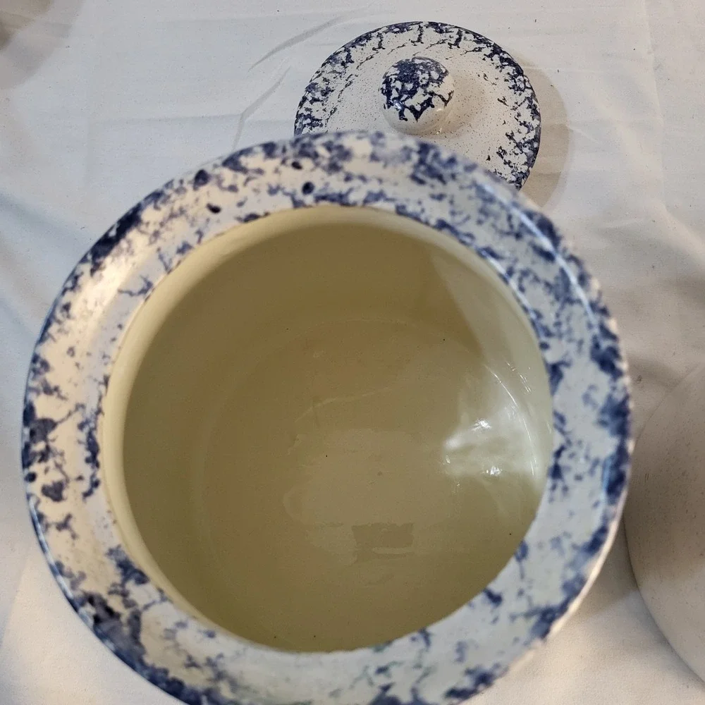 Set of 3 Country Blue Hearts Sponge Stoneware Canister Set Cottagecore